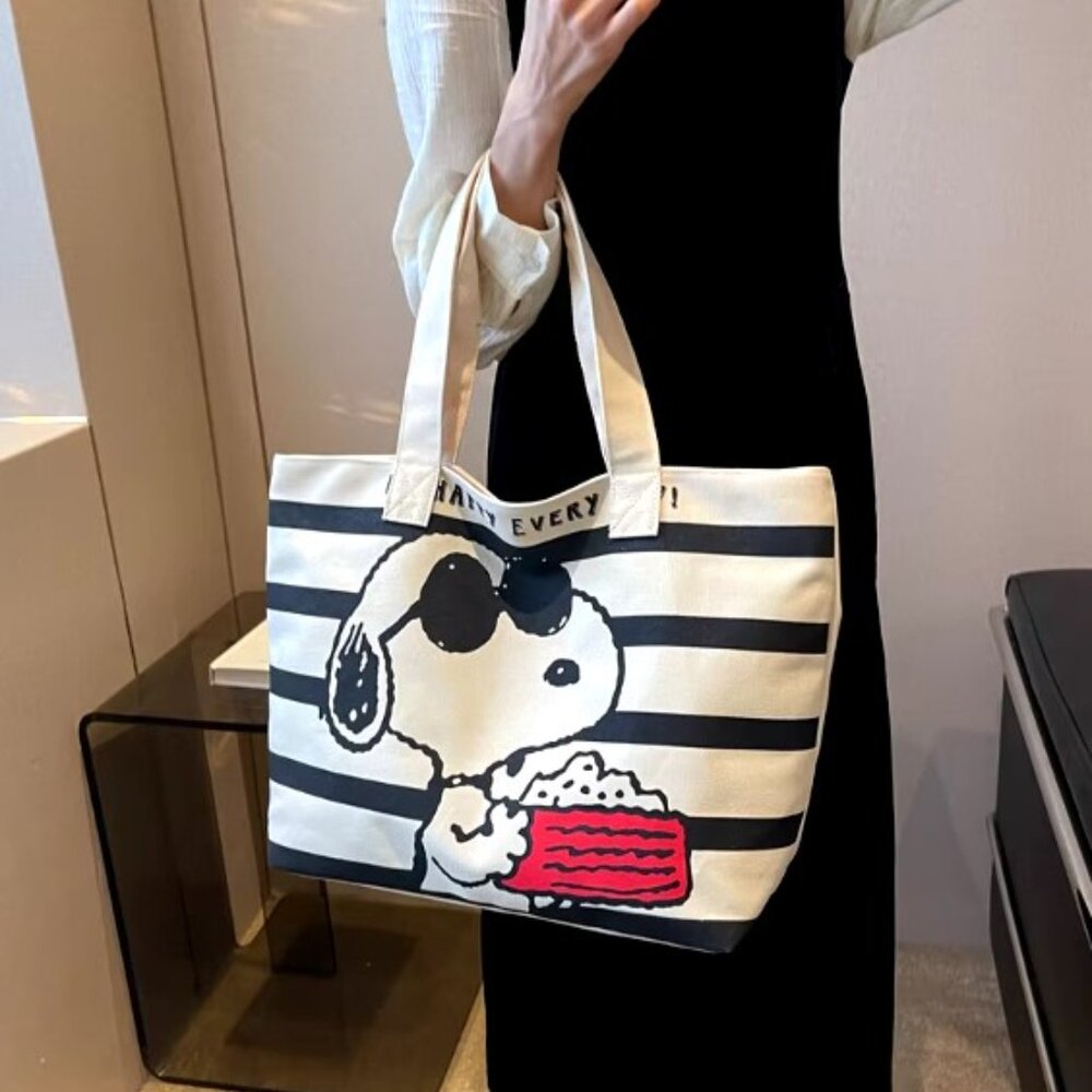 Snoopy Canvas Tote Bag Striped Shopping Bag 16x11 Reusable Carryall - Picture 2 of 5